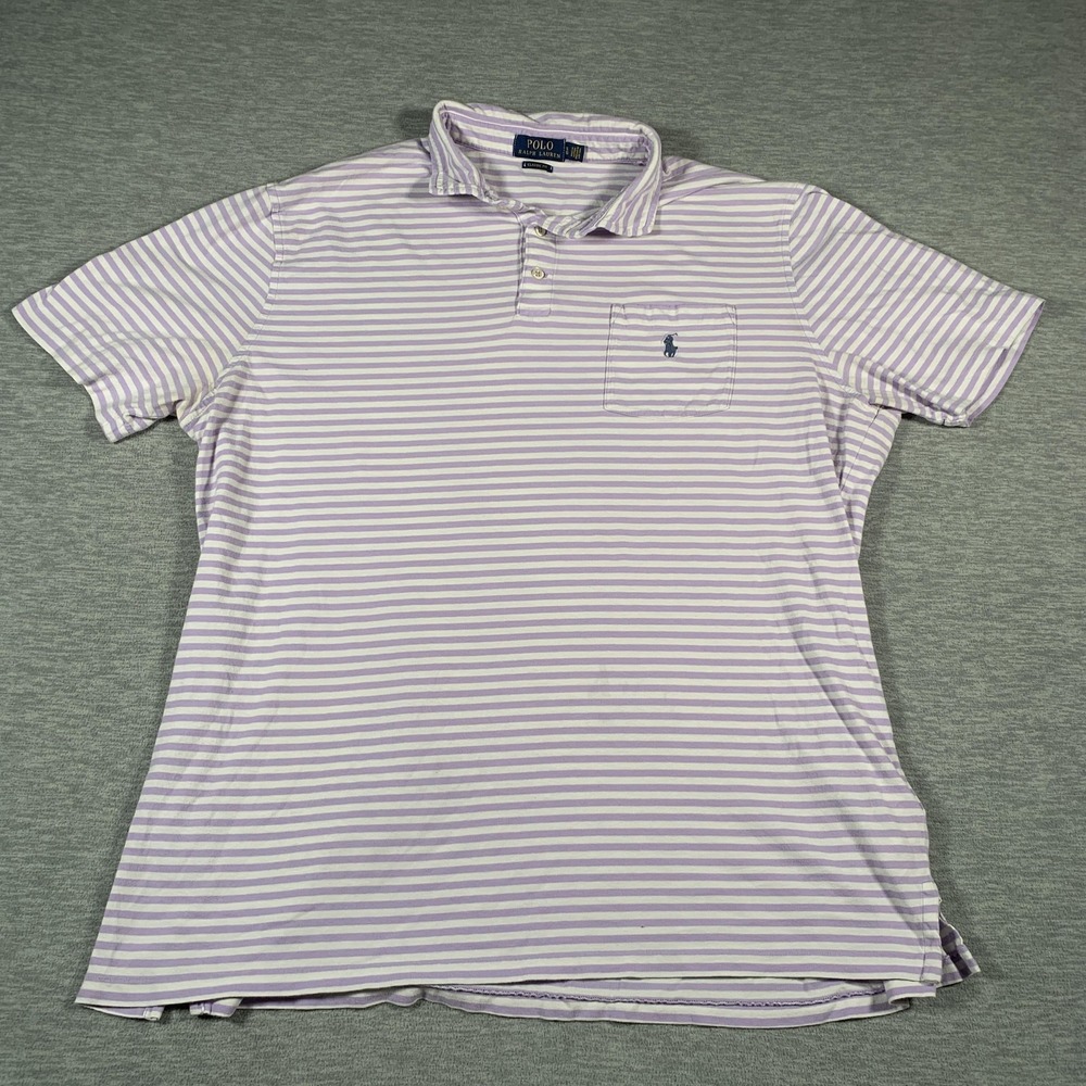 Polo Ralph Lauren Polo Shirt Mens Large Purple White Striped Classic Fit Pony